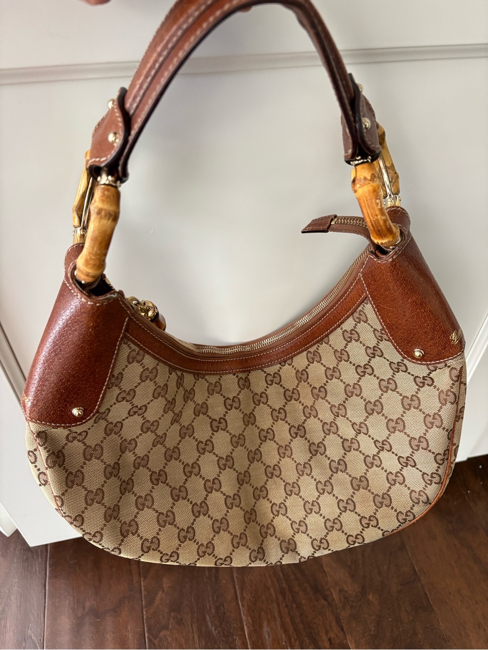 Gucci Beige GG Canvas & Brown Leather Hobo with Bamboo Handles-Vintage
